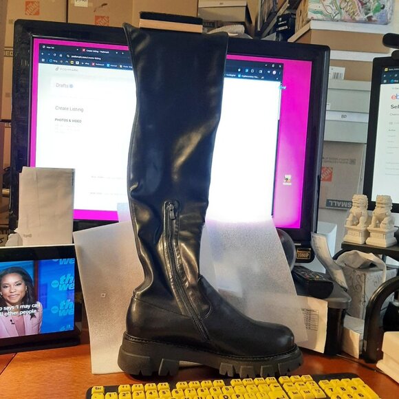 NEW! WMN CouieCuies Platform Over Knee High Lug Sole Stretch Boot Blk SzUS14/46 - Picture 1 of 8